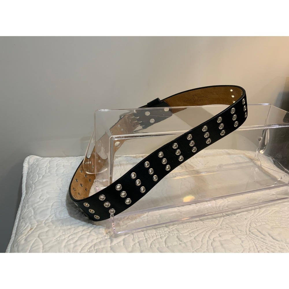 Stylish Black Genuine Leather Belt with Silver Buckle Grommet Unique - Picture 11 of 12
